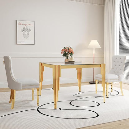 35" Square Glass Dining Table, Modern Tempered Glass Kitchen Table with Stainless Steel Legs for 2-4, Stylish Gold Dinner Table for Home Office, Kitchen, Living Room
