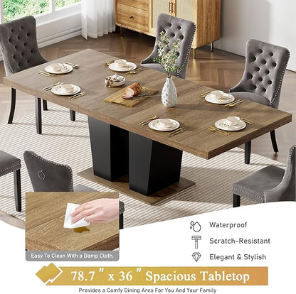 Goujxcy 78.7" Extendable Dining Room Table Set for 8, 9-Piece Farmhouse Kitchen Dining Room Table Set with Wood Base and 8 Black Velvet Tufted Chairs, Extending Kitchen & Dining Table Set of 8