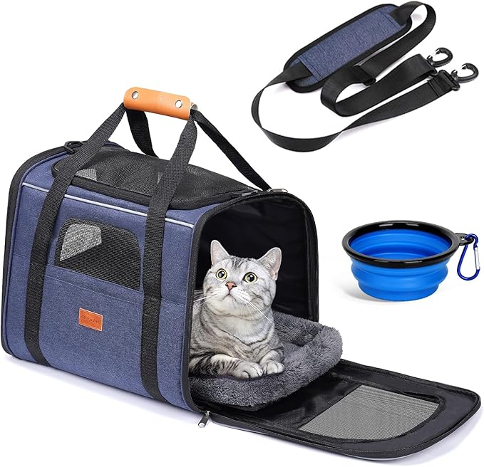 Morpilot Cat Carrier - Soft Sided Cat Carrier Large for Big Medium Cats and Puppy up to 18lbs, Pet Carrier with Safety Zippers, Foldable Bowl, Airline Approved Large Dog Carrier - Light Blue