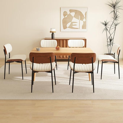 Modern PU Leather Dining Room Chairs Set of 6, Upholstered Kitchen Chairs with Curved Wood Backrest and Metal Legs Adjustable Feet for Kitchen Dining Room(Beige)