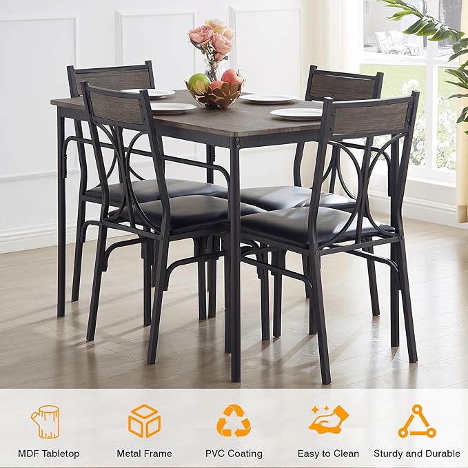 VECELO 5-Piece Dining Table Set for Home Kitchen Small Space Breakfast Nook, 4 Faux Leather Metal Frame Chairs,Rustic Brown,Set for 4