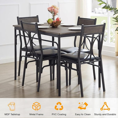 VECELO 5-Piece Dining Table Set for Home Kitchen Small Space Breakfast Nook, 4 Faux Leather Metal Frame Chairs,Rustic Brown,Set for 4