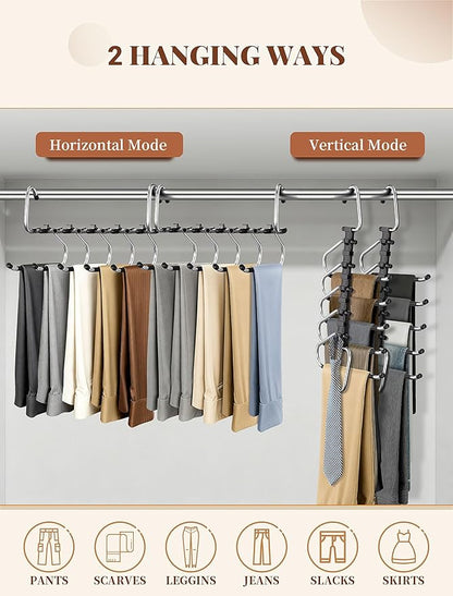 Pants Hangers 2 Pack Space Saving Metal Closet Organizer, Anti-Slip Design, Multi-Layer Space Saving Hangers, Closet Organizers and Storage for Jeans, Trousers, Skirts, Scarves, Slacks, Black