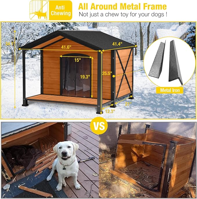 Aivituvin Dog House Outdoor with Metal Frame, Insulated Dog Kennel Outside for Large Breed, 41.5" Weatherproof Large Dog Shelter with Insulated Liner, Brown (41.38" D x 41.54" W x 34.05" H)