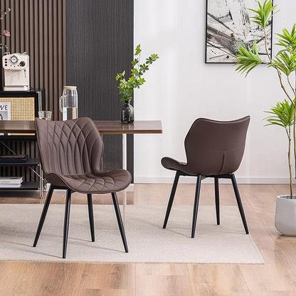 Kidol & Shellder Modern Dining Chairs Set of 2 Comfy Dining Room Chairs with Thick Cushions PU Leather Upholstered Kitchen Side Chairs with Metal Legs Brown