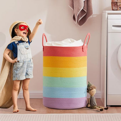 80L Extra Large Rainbow Laundry Hamper Basket for Girls Kids Tall Unicorn Baby Nursery Hamper for Clothes Woven Roper Blanket Toy Basket in Living Room Playroom Bedroom