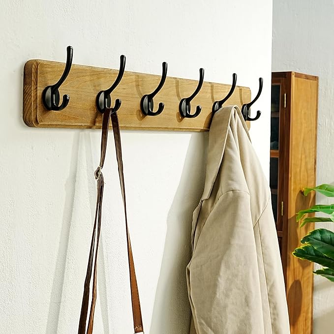 Dseap Coat Rack Wall Mount: 24" Long, Patented, Heavy-Duty, 6-Double-Hooks Wooden Hanger Hook Rail for Winter Coats Hat Jacket Clothing, Weathered Brown