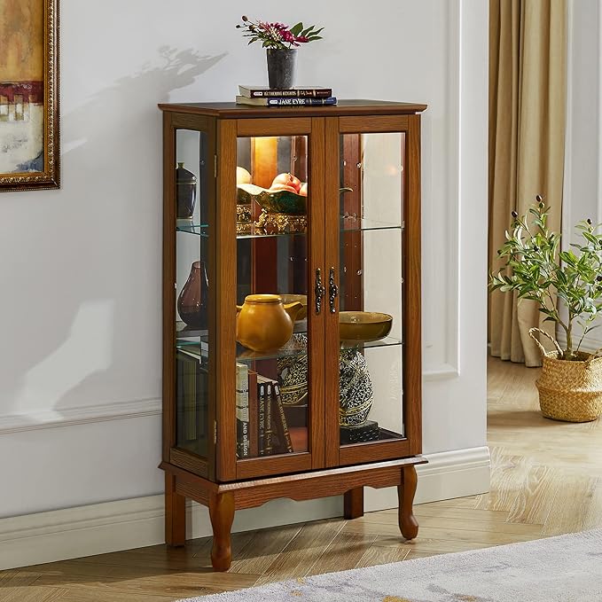 Goujxcy Lighted Curio Cabinet, Modern Floor Standing Glass Curio Cabinet Display Case Cabinet with Adjustable Shelves, Mirrored Back Panel and Tempered Glass Doors for Home/Office (Oak)
