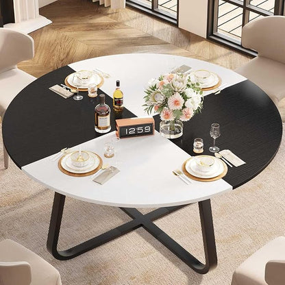 LVB Round Dining Table, Modern Wood Metal Kitchen Table, Industrial Small Dinner Room Table for 4 to 6 People, White and Black Oak, 42 Inch