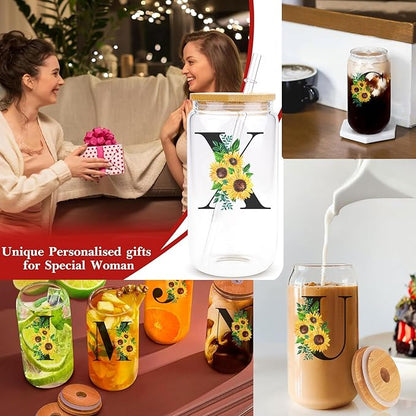 Initial Glass Cups Sunflower with Bamboo Lids and Straws,16oz Iced Coffee Mug Tumbler,Monogrammed Birthday Gifts Mother's Day Sunflower Gifts for Women,Mom,Friend,Sister