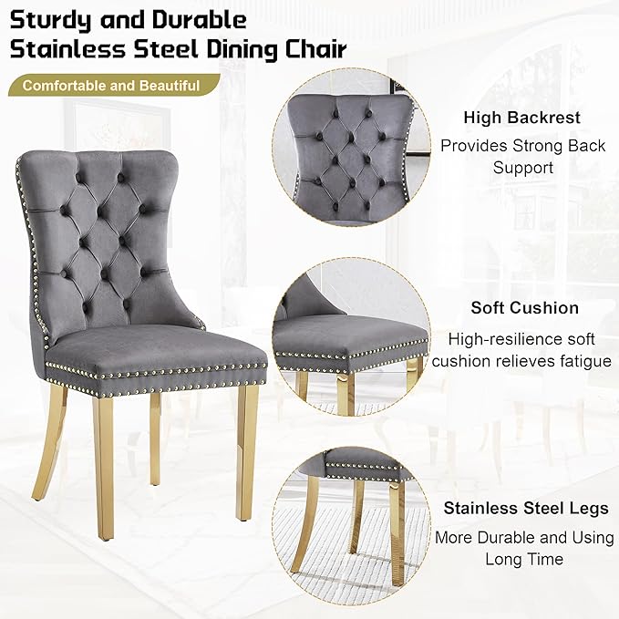 7-Piece Dining Table Set for 6, Faux Marble Dining Table Set with 70'' Marble Dinner Table and 6 Velvet Wing Back Chairs for Kitchen, Dining Room, Gray & Gold
