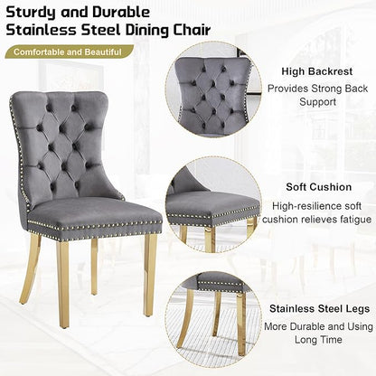 7-Piece Dining Table Set for 6, Faux Marble Dining Table Set with 70'' Marble Dinner Table and 6 Velvet Wing Back Chairs for Kitchen, Dining Room, Gray & Gold