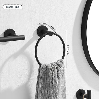 GGStudy Matte Black Towel Ring Hand Towel Holder for Bathroom Solid SUS 304 Stainless Steel, Kitchen Bath Towel Holder Hangers Heavy Duty Storage Round Wall Mount