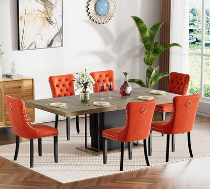 Goujxcy 78.7" Farmhouse Extendable Dining Room Table Set for 6, 7-Piece Rectangle Kitchen Dining Room Table Set with Wood Base and 6 Orange Velvet Dining Chairs, Extending Kitchen & Dining Table Set