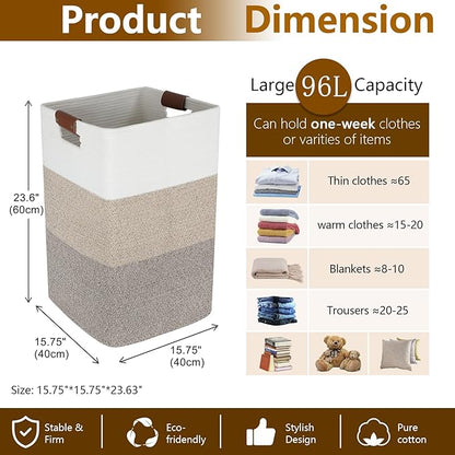 Laundry Hamper 96L Extra Large Laundry Basket, Woven Blanket Basket, Cotton Woven Storage Hamper with Handles for Living Room, Large Baskets for Pillows, Blankets, Clothes-Gradient Yellow