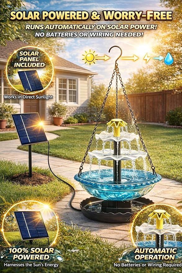 Solar Cascade Hanging Bird Bath Fountain, 2026 New Outdoor Hanging Bird Bath with Solar Fountain, Large Humming Birds Baths Fountains, with Solars Pump & Glass Bowl, for Outdoor, Gardens (#1)
