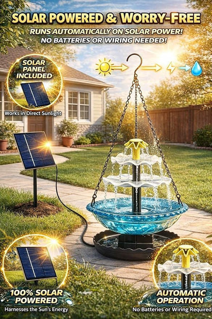Solar Cascade Hanging Bird Bath Fountain, 2026 New Outdoor Hanging Bird Bath with Solar Fountain, Large Humming Birds Baths Fountains, with Solars Pump & Glass Bowl, for Outdoor, Gardens (#1)