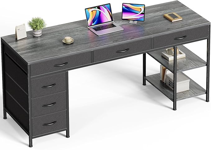 Huuger Computer Desk with 6 Drawers, 63 Inch Office Desk with Shelves, Reversible Gaming Desk, Corner Desk with Storage, for Home Office, Study, Living Room, Grey