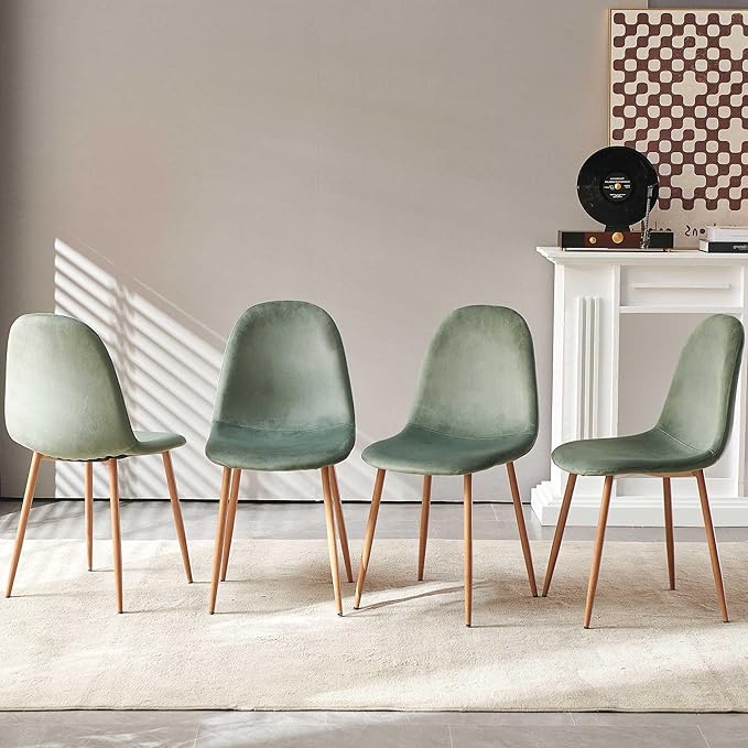 Howtek Mid-Century Modern Dining Chairs Set of 4, Green Velvet Upholstered Kitchen Side Chairs with Backrest & Metal Legs for Dining Room, Living Room, Restaurant