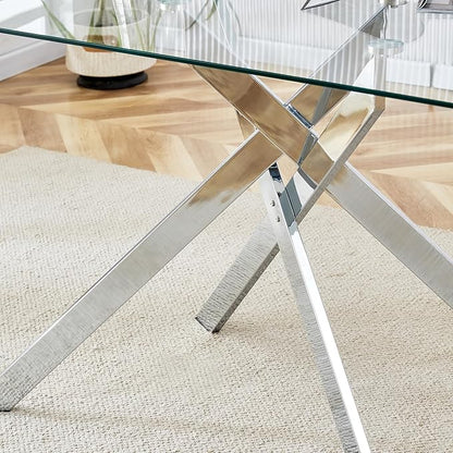 Goujxcy 5 Piece Glass Dining Table Set Modern Glass Dining Table Set for 4, 51" Rectangular Kitchen Table and 4 Velvet Upholstered Chairs for Kitchen Dining Room, Silver Table & Beige Chair