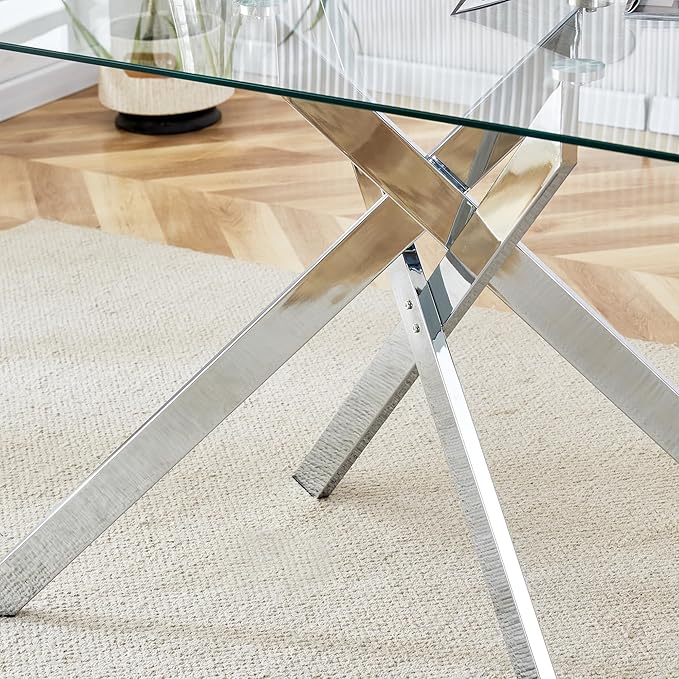 Goujxcy 5 Piece Glass Dining Table Set Modern Glass Dining Table Set for 4, 51" Rectangular Kitchen Table and 4 Velvet Upholstered Chairs for Kitchen Dining Room, Silver Table & Grey Chair