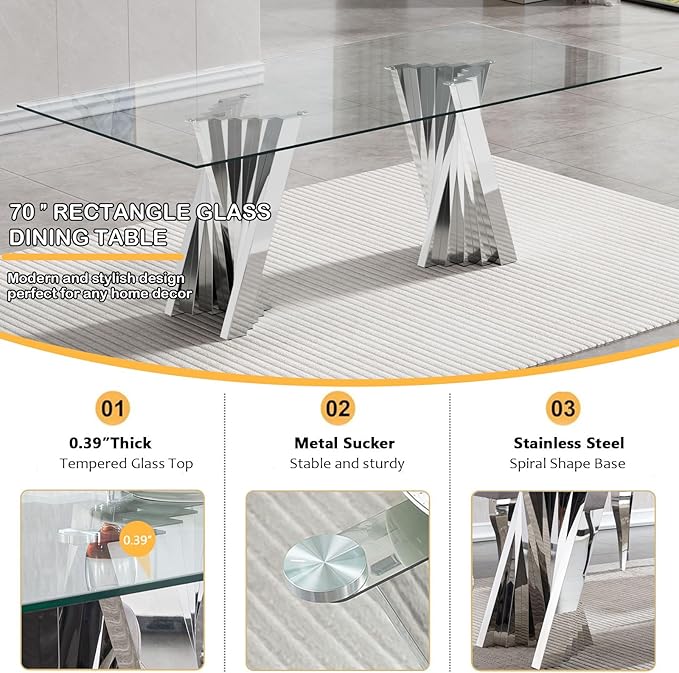 Goujxcy 70" Modern Glass Dining Table for 6-8, Luxury Silver Glass Dining Room Table with Mirrored Flash-Shape Stainless Steel Base, Rectangle Kitchen Dinner Tables for Dining Room Kitchen