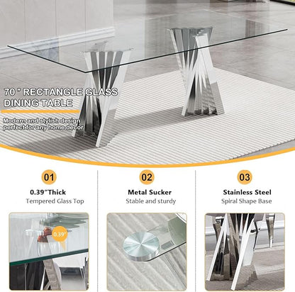 7 Piece Dining Table Set with 6 Blue Dining Chairs, Modern Glass Kitchen Table and Chairs Set for 6, 70" Rectangle Silver Glass Pedestal Dining Room Tables with Flash-Shape Stainless Steel Base