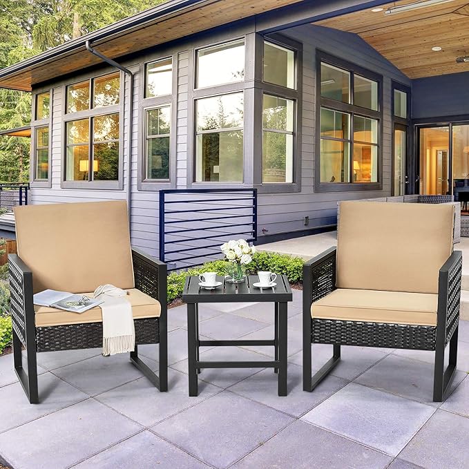 Tangkula 3 Piece Patio Wicker Bistro Set, Outdoor Rattan Sofa, Conversation Furniture w/Coffee Table, Seat and Back Cushions, Garden, Backyard, Balcony, Poolside