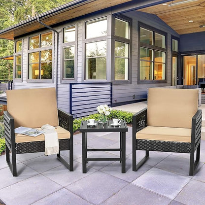Tangkula 3 Piece Patio Wicker Bistro Set, Outdoor Rattan Sofa, Conversation Furniture w/Coffee Table, Seat and Back Cushions, Garden, Backyard, Balcony, Poolside