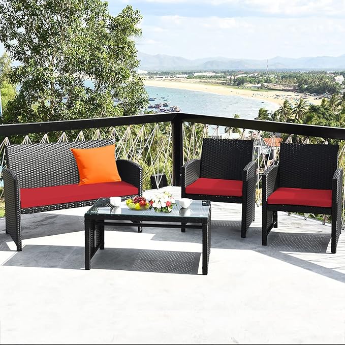 Tangkula Patio Wicker Conversation Furniture Set, Patiojoy Sofa & Table Set w/4 Seats, Outdoor Rattan Sofa Set for Balcony Backyard, Wicker Chair Set with Tempered Glass Coffee Table (2, Red)