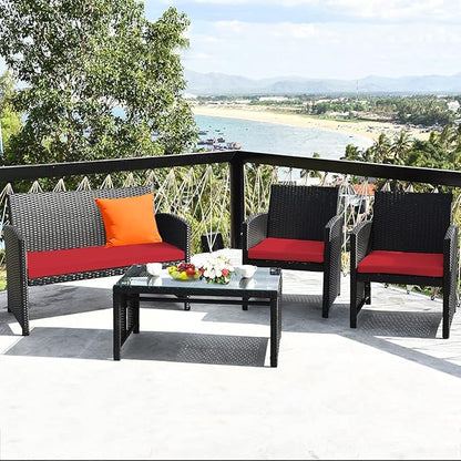 Tangkula Patio Wicker Conversation Furniture Set, Patiojoy Sofa & Table Set w/4 Seats, Outdoor Rattan Sofa Set for Balcony Backyard, Wicker Chair Set with Tempered Glass Coffee Table (2, Red)