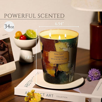HomeLights 3-Wick Candles for Home Scented - 34oz Soy Wax Blend Candle Long-Lasting Fragrance, Industrial Chic Home Decor and Housewarming Gifts, Fireside Wood & Glow