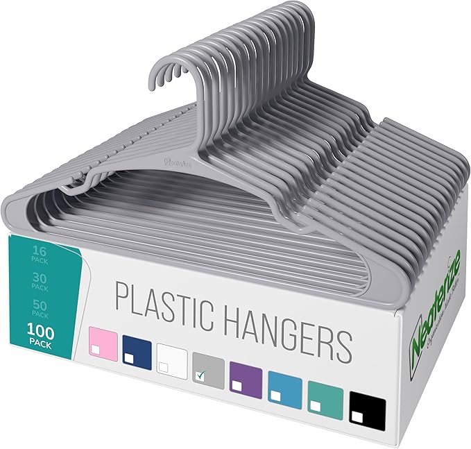 NEATERIZE Clothes Hangers Plastic 100 Pack for Adults - Plastic Hangers, The Perfect Coat Hanger and Space Saving Clothes Hangers for Closet, Percheros Ganchos para Colgar Ropa Hangars - Grey Hangers