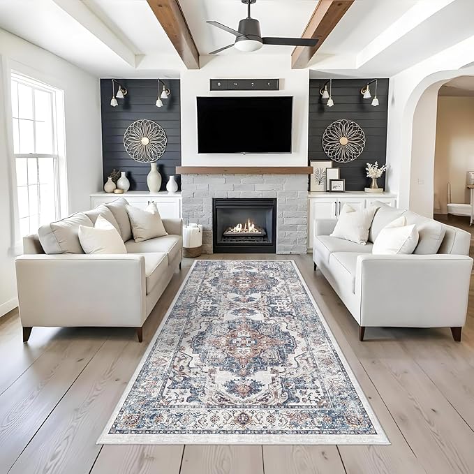 Washable 4x8 Hallway Area Rug: Vintage 8ft Water Resistant Soft Runner Rug for Entry Kitchen Non Slip Wide Low Pile Carpet for Living Room Bedroom Thin Floor Mat for Bathroom Dining Room(Brick,4x8)
