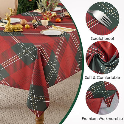 Christmas Tablecloth Rectangular 60x84 Inch Tablecloths for 4ft Waterproof, Machine Washable Polyester Table Cover for Xmas Party, Winter Holiday Home Decoration in Festive Checkered Green 1pack