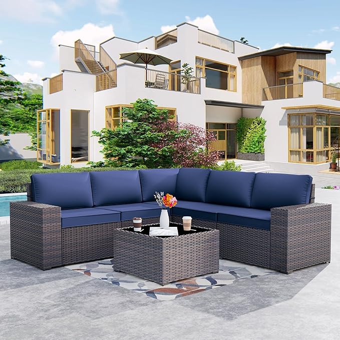 Kurapika 9 Pieces Patio Furniture Set, Rattan Wicker Sofa Set, Outdoor Conversation Sets w/Swivel Rocking Chairs Patio Sectional Sofa w/4in Cushion, Navy Blue