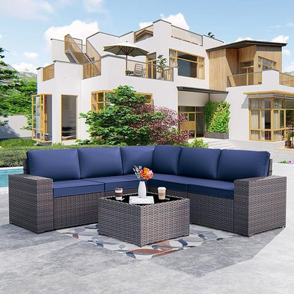 Kurapika 9 Pieces Patio Furniture Set, Rattan Sofa Set, Outdoor Conversation Sets w/Swivel Rocking Chairs Patio Sectional Sofa w/4in Cushion, Navy Blue