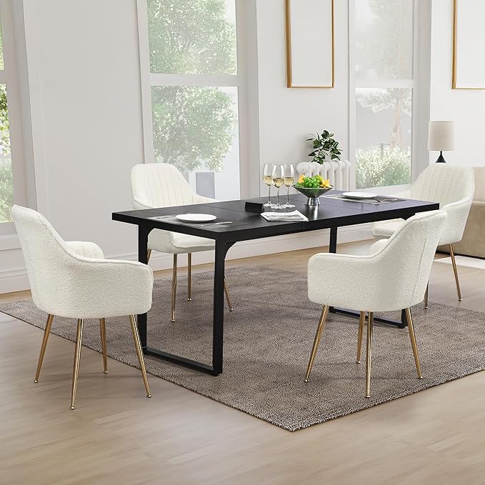 ECOTOUGE Teddy Velvet Dining Chairs Set of 4, Modern Arm Chair with Golden Metal Legs, Fluffy Boucle Sherpa Accent Chairs for Kitchen, Cream White