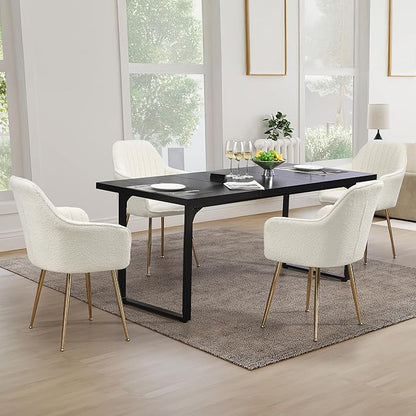 ECOTOUGE Teddy Velvet Dining Chairs Set of 4, Modern Arm Chair with Golden Metal Legs, Fluffy Boucle Sherpa Accent Chairs for Kitchen, Cream White