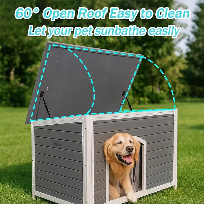 Geguri Large Outdoor Wooden Dog House for Medium to Large Dogs | Weatherproof Asphalt Roof, Chew-Resistant Frame,Indoor/Outdoor Use (Grey, 43.3" L × 26.4" W × 29.5" H)