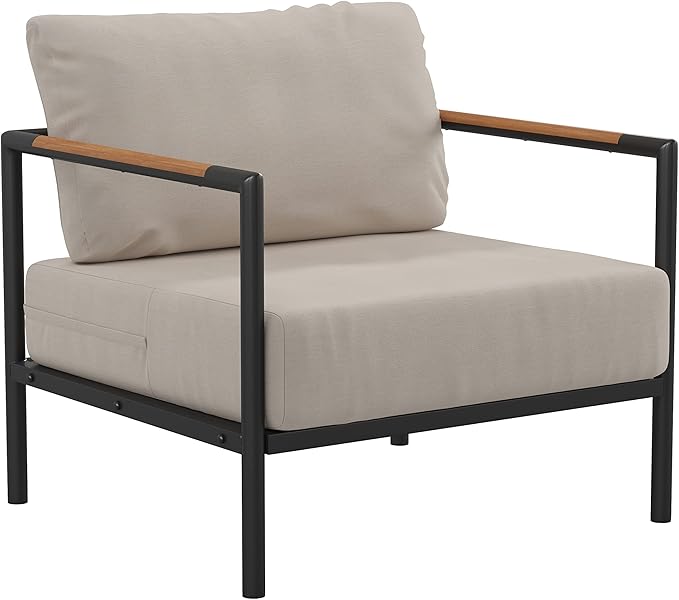 Flash Furniture Lea Indoor/Outdoor Patio Chair with Cushions - Modern Aluminum Framed Chair with Teak Accented Arms, Black with Beige Cushions