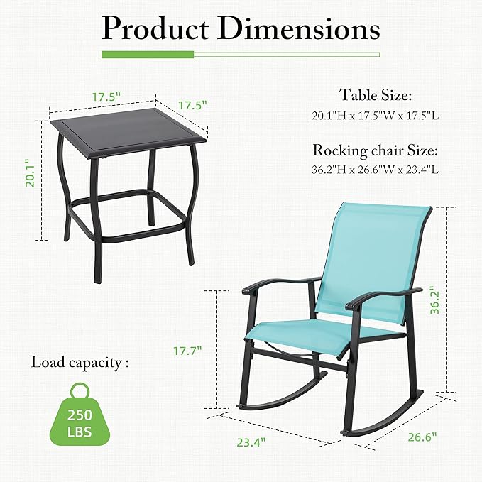 Shintenchi 3 Piece Rocking Bistro Set, Outdoor Furniture with Rocker Chairs and Glass Coffee Table Set of 3, Balcony, Porch Furniture for Small Space, Blue