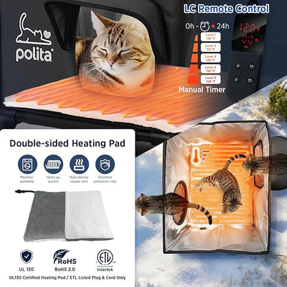 Rugged Heated Cat House for Outdoor Cats in Winter, Extremely Insulated & 100% Weatherproof, Elevated Feral Cat Shelter with Waterproof Eaves & Safe Escape Door for Stray & Barn Cats