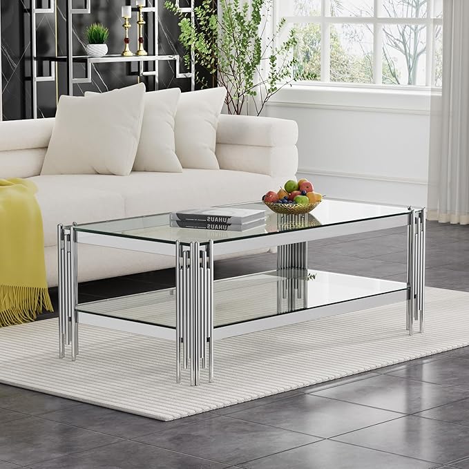 Goujxcy Modern Glass Coffee Table 47" Silver Center Table with Tempered Glass Top and Mirror Finish Stainless Steel Legs, Luxury Rectangular Coffee Table for Living Room Apartment (Silver)