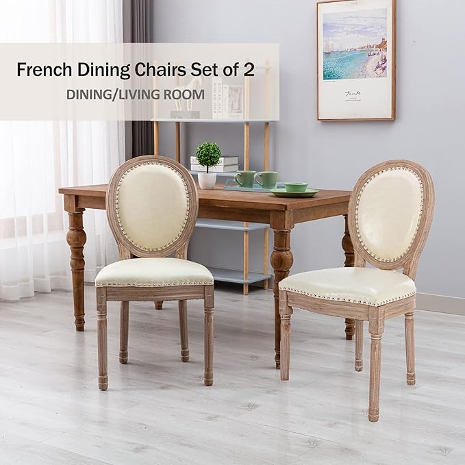 Nrizc French Country Dining Chairs Set of 2, Leather Farmhouse Dining Room Chairs with Round Back, Solid Wood Legs, Oval Side Chairs for Kitchen/Bedroom/Dining Room