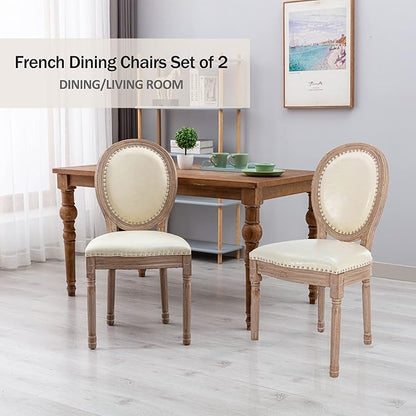 Nrizc French Country Dining Chairs Set of 2, Leather Farmhouse Dining Room Chairs with Round Back, Solid Wood Legs, Oval Side Chairs for Kitchen/Bedroom/Dining Room