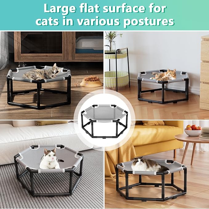 Tresbro Elevated Cat Hammock Bed, Hexagon Raised Cat Swing Bed for Indoor and Outdoor Use with Breathable Fabric & Anti-Slip Block, 20.5'' x 18'' x 9.4'' Pet Chair for Large to Small Kitty Cot