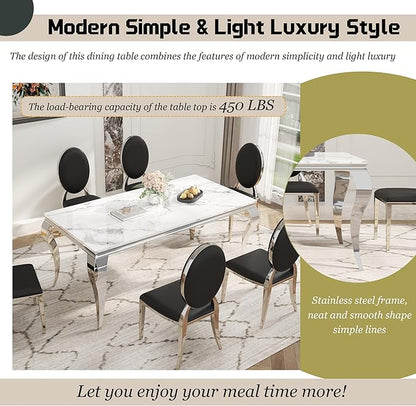 7-Piece Dining Table Set for 6, Faux Marble Modern Dining Table Set with 6 Round Backrest Upholstered Chairs, 70“ Stainless Steel Legs Table & Chair Set for Kitchen, Black & Silver