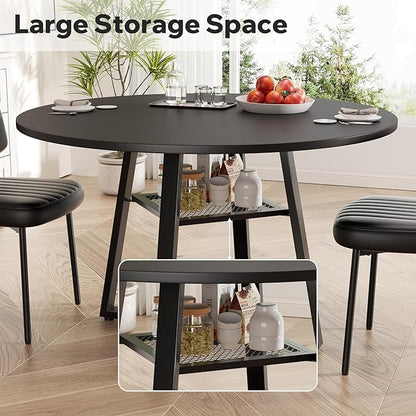 Round Dining Table for 2-4 People,42 Inch Dining Room Table,Modern Circle Kitchen Table with Storage Shelf and Metal Legs for Dining Room,Kitchen,Black (Table Only)