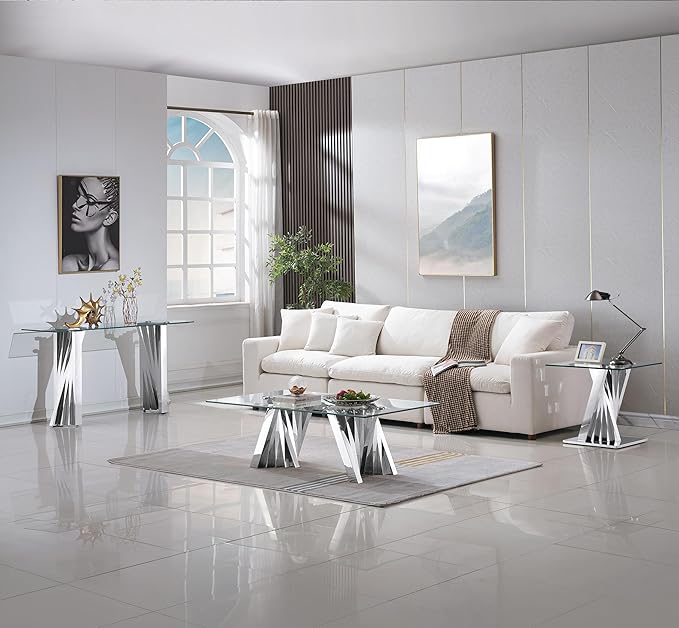 Goujxcy Modern Glass Console Table 55" Entryway Table with Tempered Glass Top and Mirror Finish Stainless Steel Legs, Luxury Rectangular Sofa Table for Living Room Hallway Corridor Table (Silver)